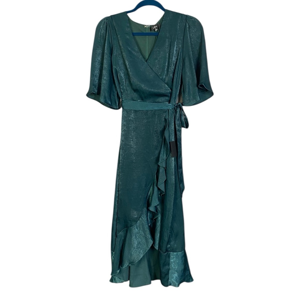 NWT Lulus Wrapped Up In Love Dark Green Satin Faux-Wrap Midi Dress Women's M - Picture 2 of 10